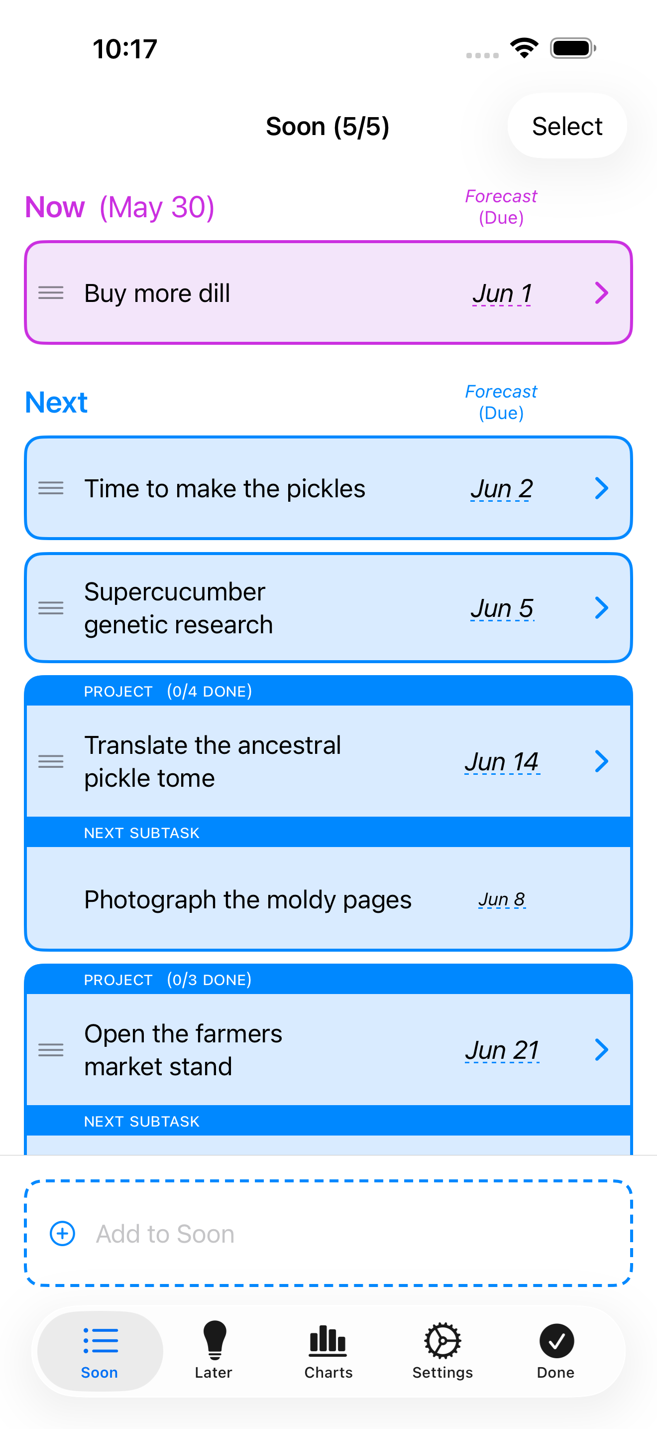 Soonwise on iPhone showing the Now and Next sections with forecast dates