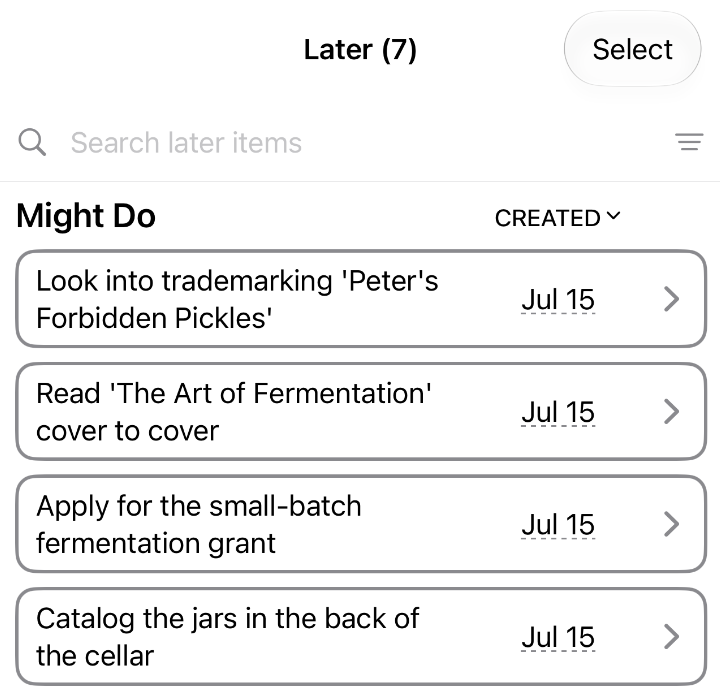 Soonwise Later list showing seven items to search, filter and sort