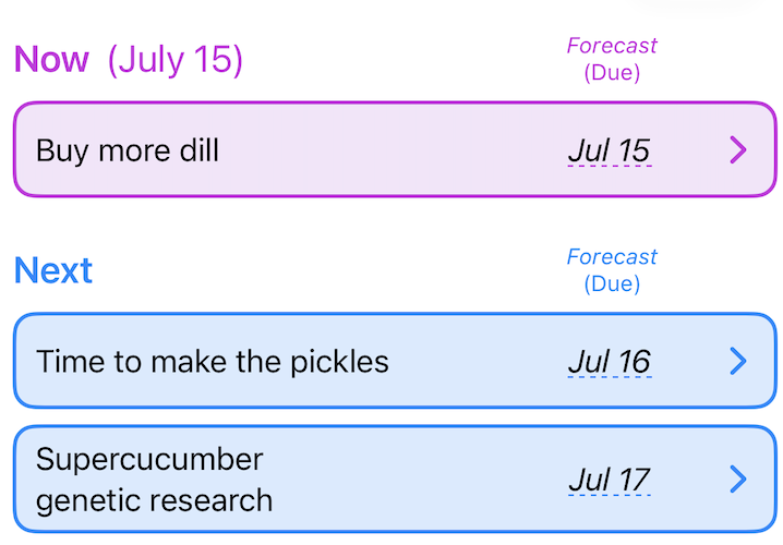 Soonwise showing the Now and Next sections with forecast dates