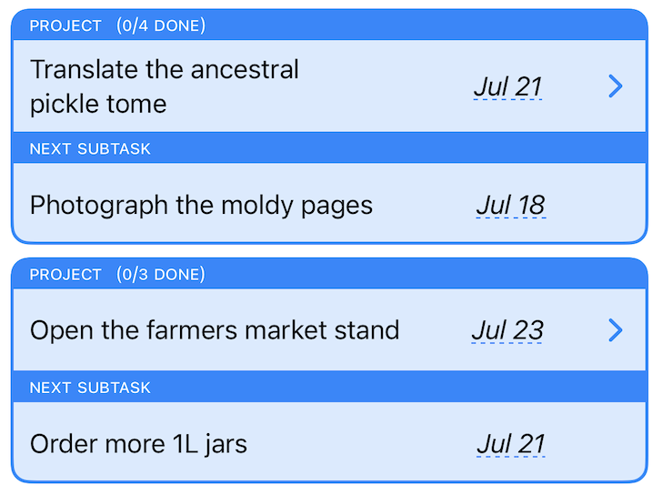 Two Soonwise project cards, each showing the next subtask and its forecast date